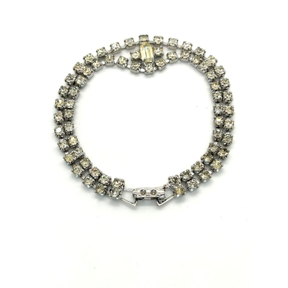 Vintage Clear Rhinestone Bracelet With Double Row Center Baguette Stone 7 Inch - Picture 7 of 10